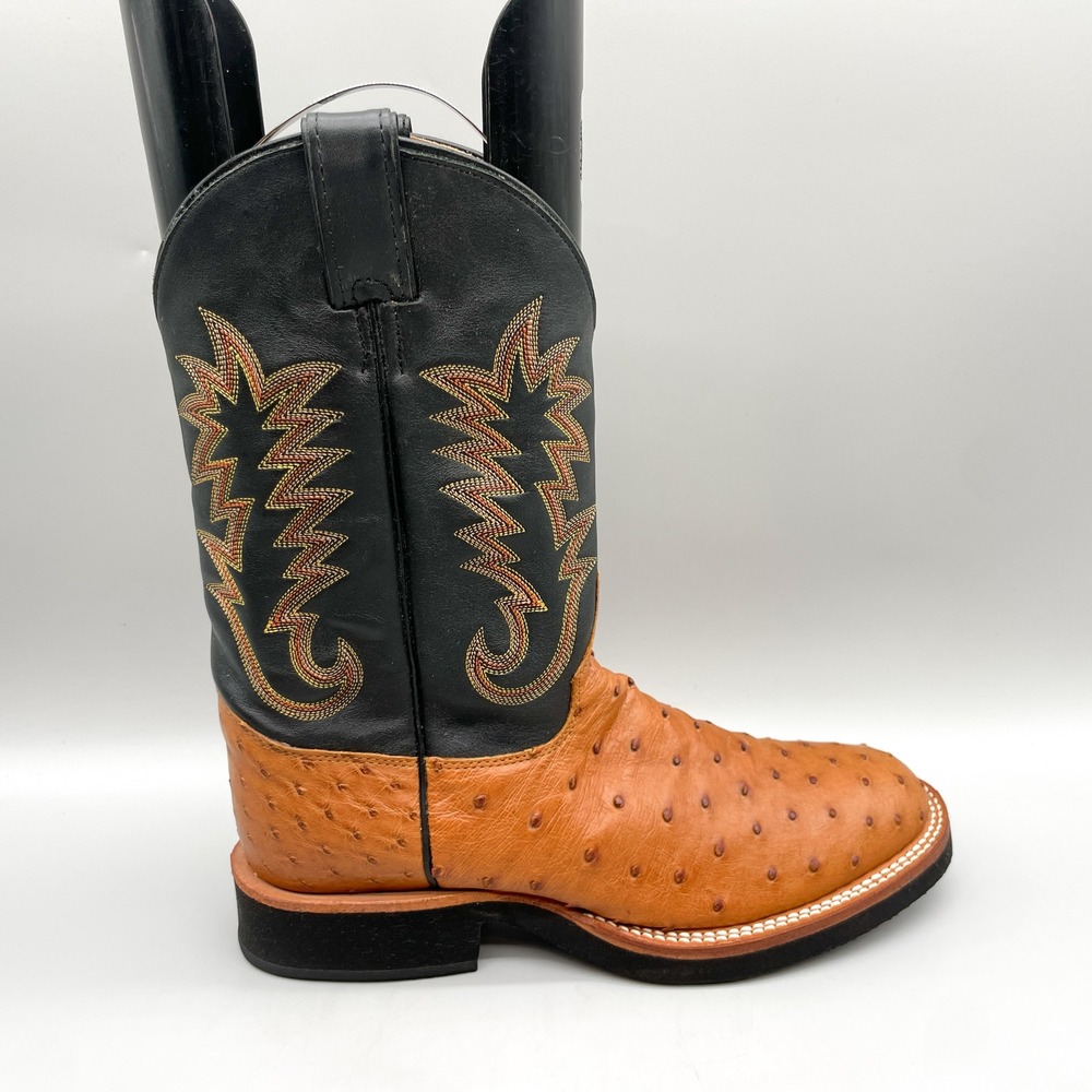 Justin Mens 9D Western Cowboy Boots Black Cognac Full Quill Ostrich Exotic Rodeo